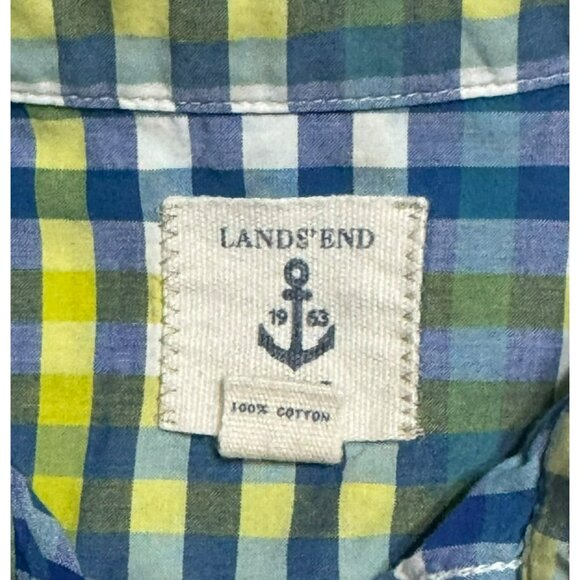 Lands End Kids Small 8 Plaid Long Sleeve Button-Up Shirt S Cotton Blue Yellow - Picture 4 of 7